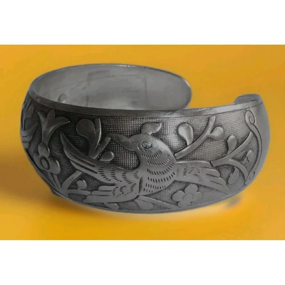 Ethnic‎ Chinese Sterling silver Cuff Bracelet Birds & Flowers